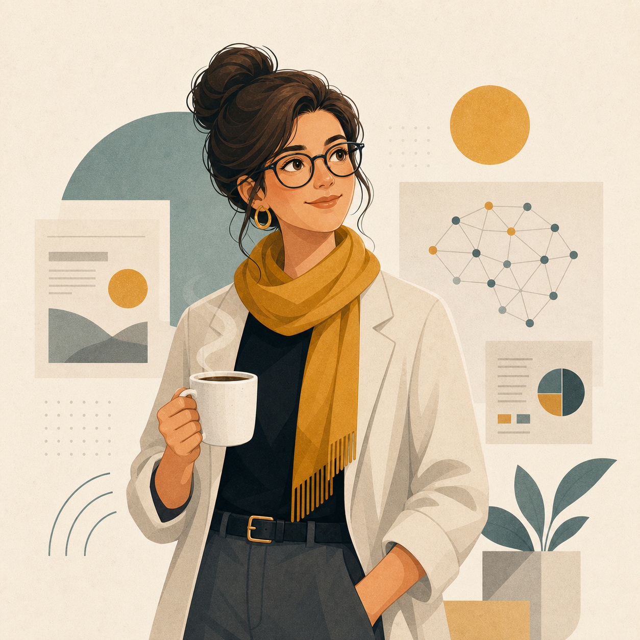 Abstract AI briefing character holding coffee