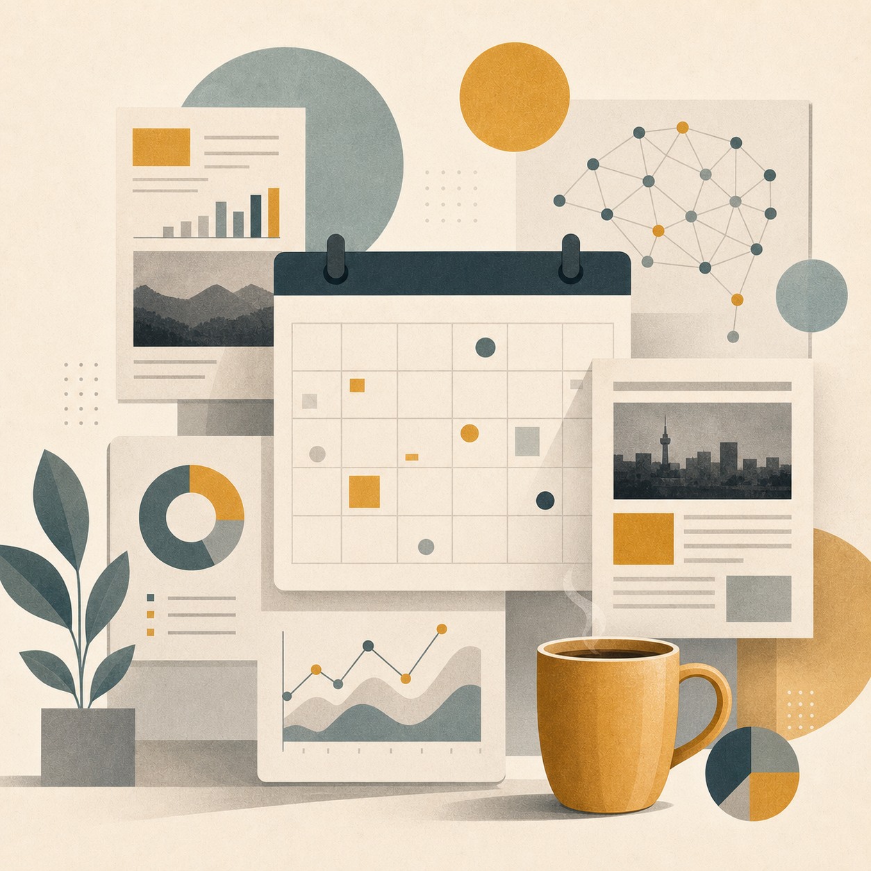 Abstract monthly AI news dashboard without people