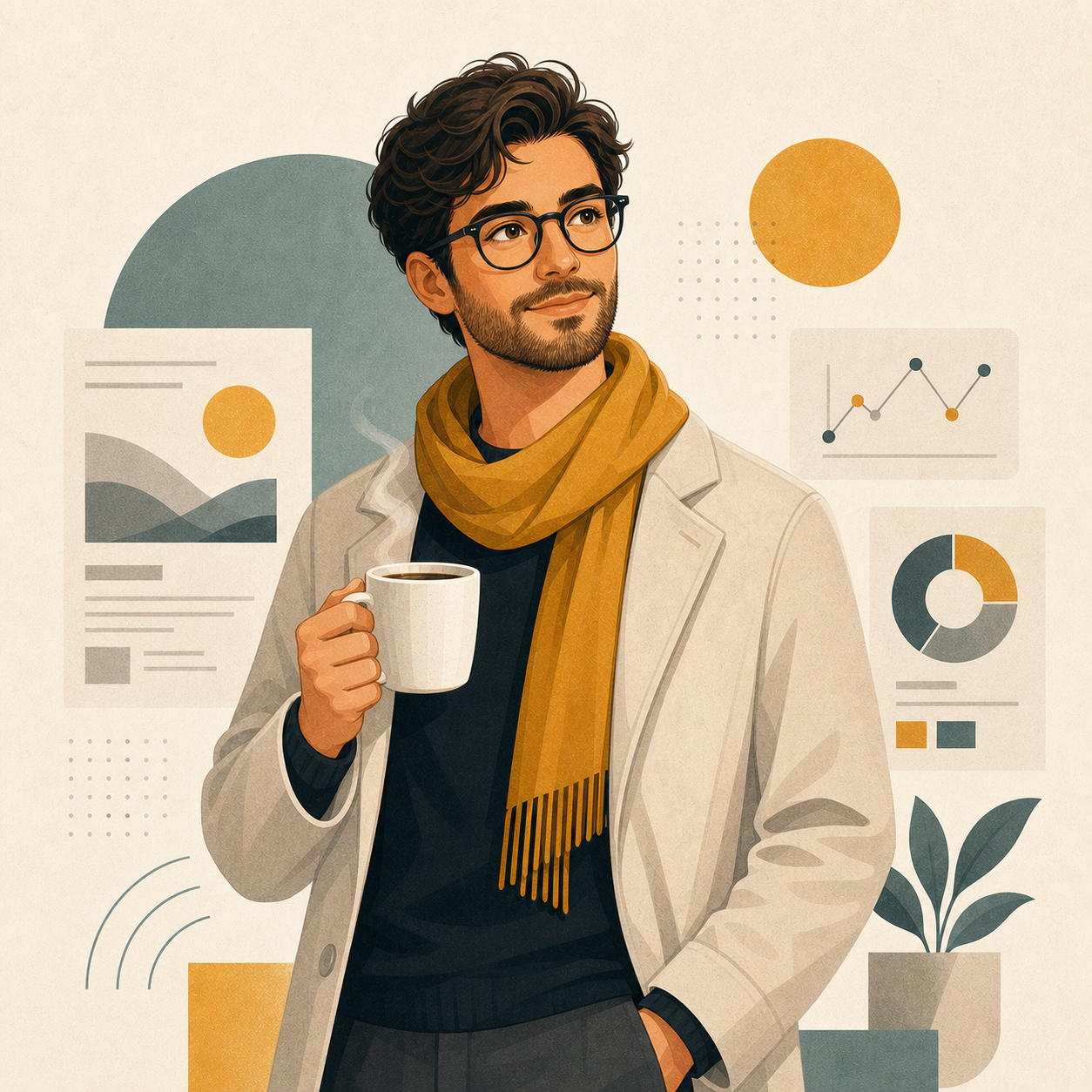 Abstract male AI briefing character for today's news