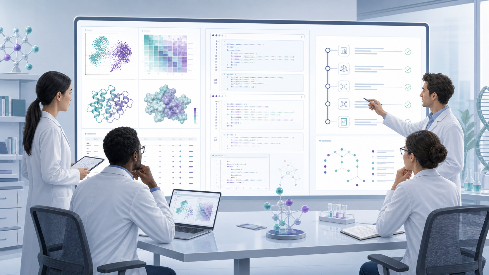 Scientists reviewing an AI research workbench with datasets, code notebooks, protein structures, provenance trails, and review checkpoints.