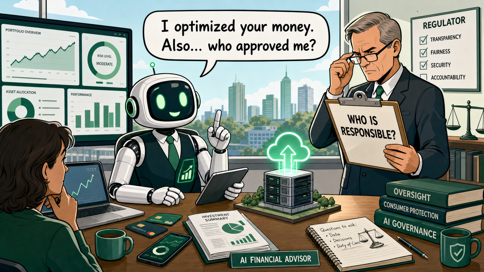 Comic illustration of an AI financial adviser being questioned by a regulator about responsibility and oversight.