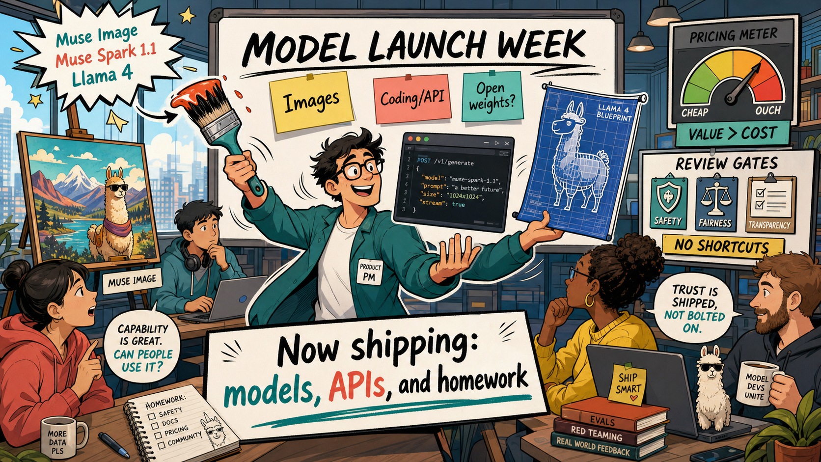 Comic-style developer lab scene about Meta model launches, with teams balancing image tools, APIs, pricing meters, and review gates.
