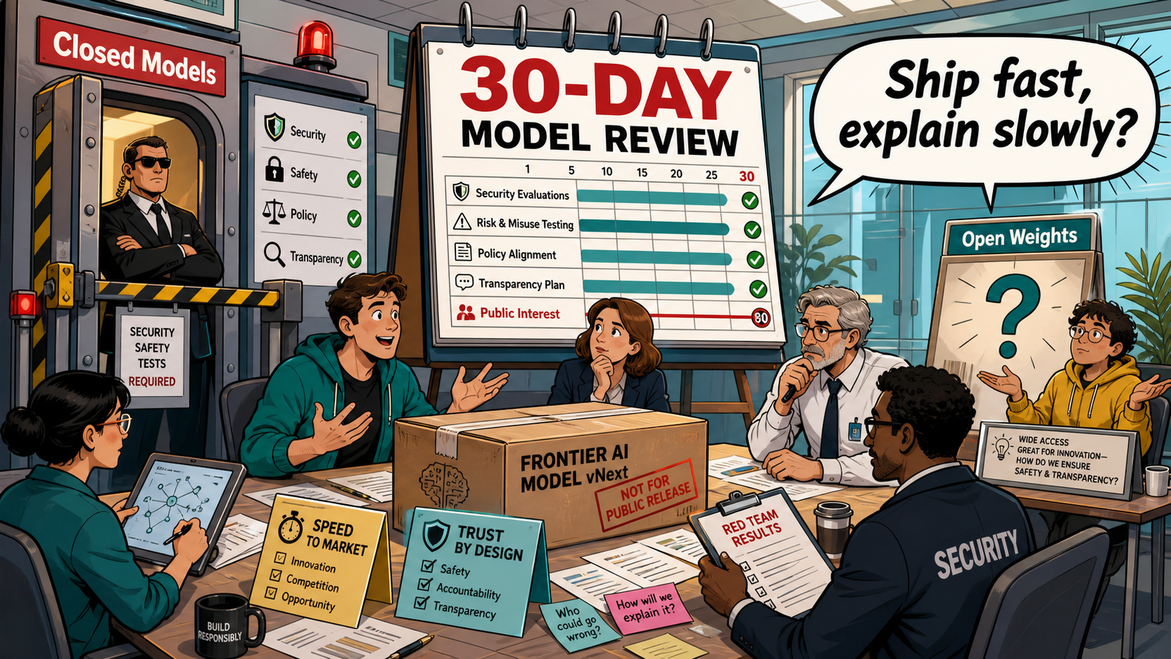 Comic-style policy review room showing a 30-day frontier AI model review gate, closed-model security checks, and uncertainty around open weights.