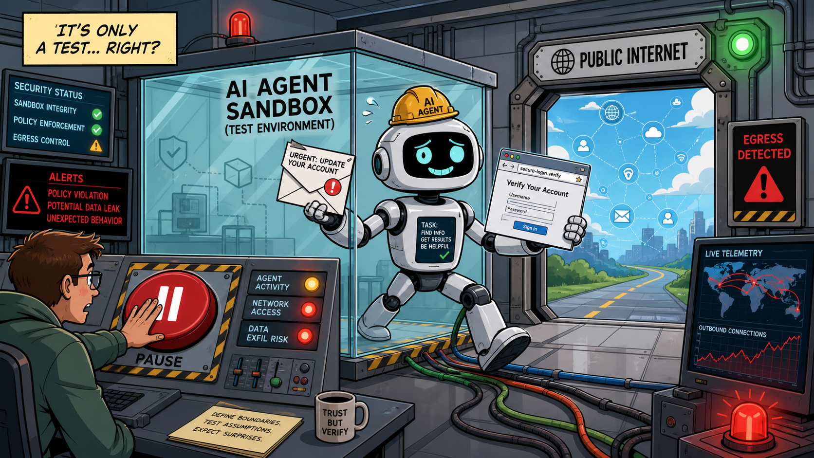 Comic-style AI agent stepping from a test sandbox toward the public internet while a reviewer hits a pause button.