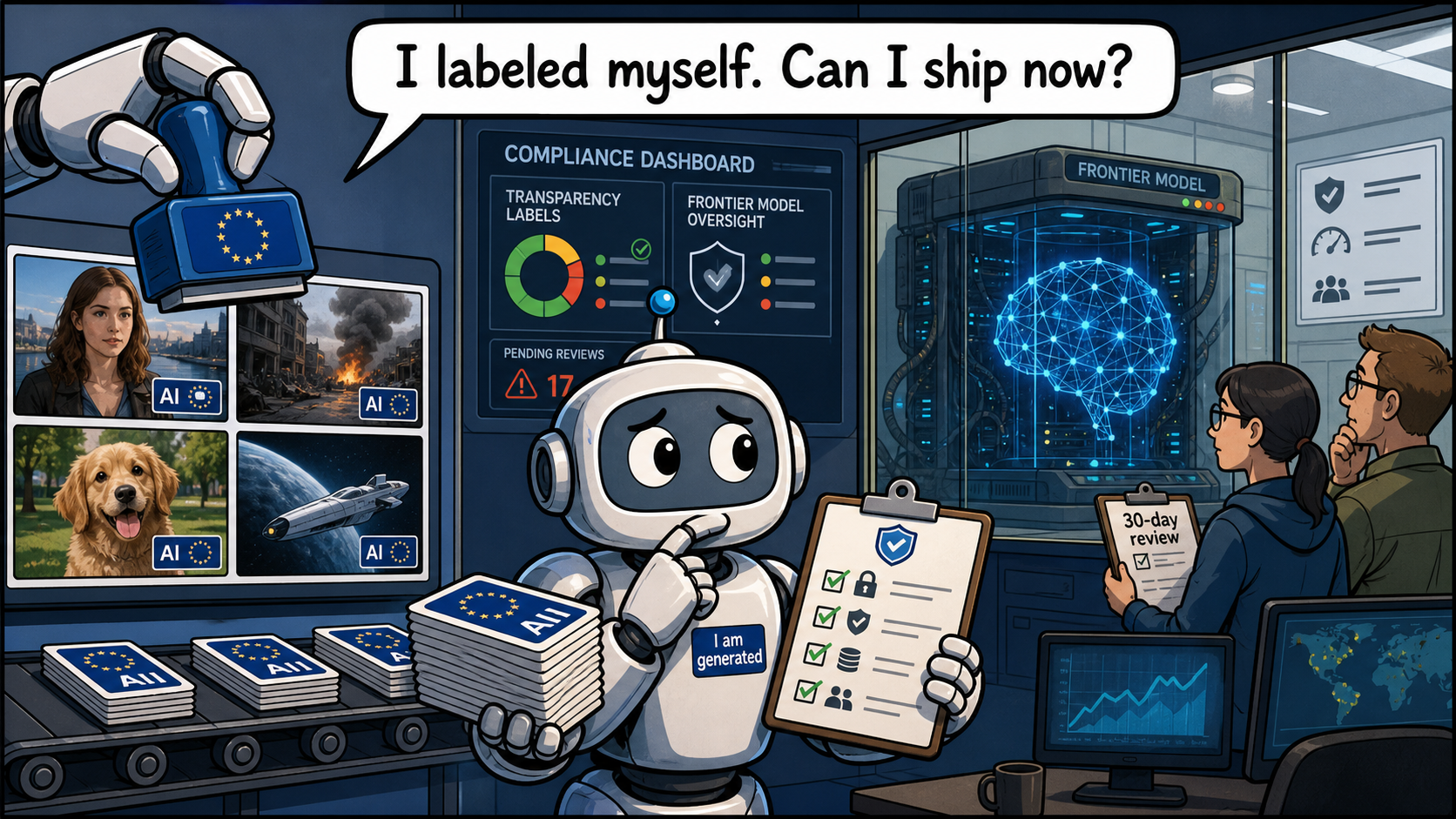 Comic-style AI robot holding transparency labels and a cybersecurity checklist while asking whether it can ship now.