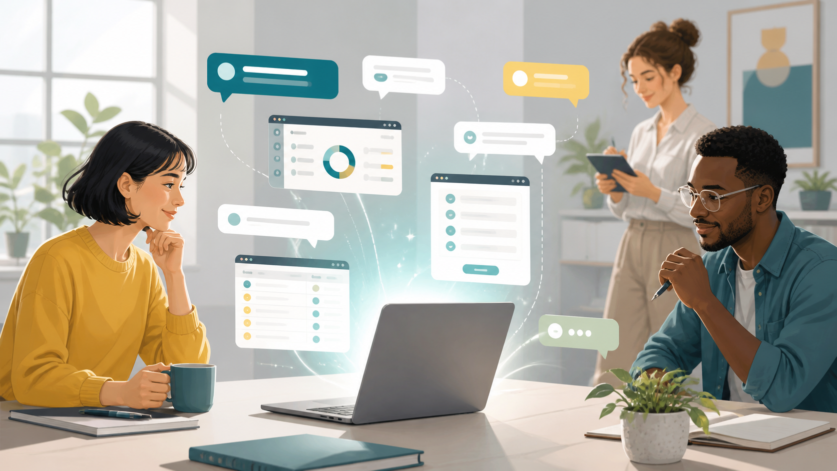 Editorial illustration of non-technical professionals turning natural-language prompts into small app interfaces around a laptop.