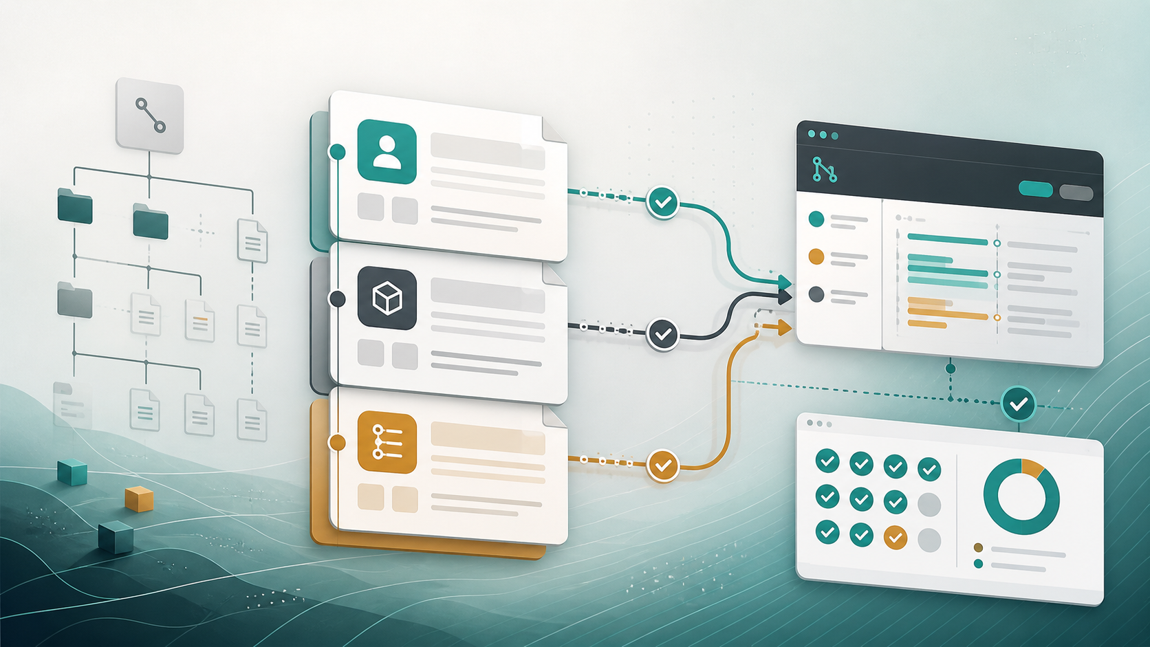 Editorial illustration of layered repository documents flowing into coding agent plans, pull request review, and validation checks.