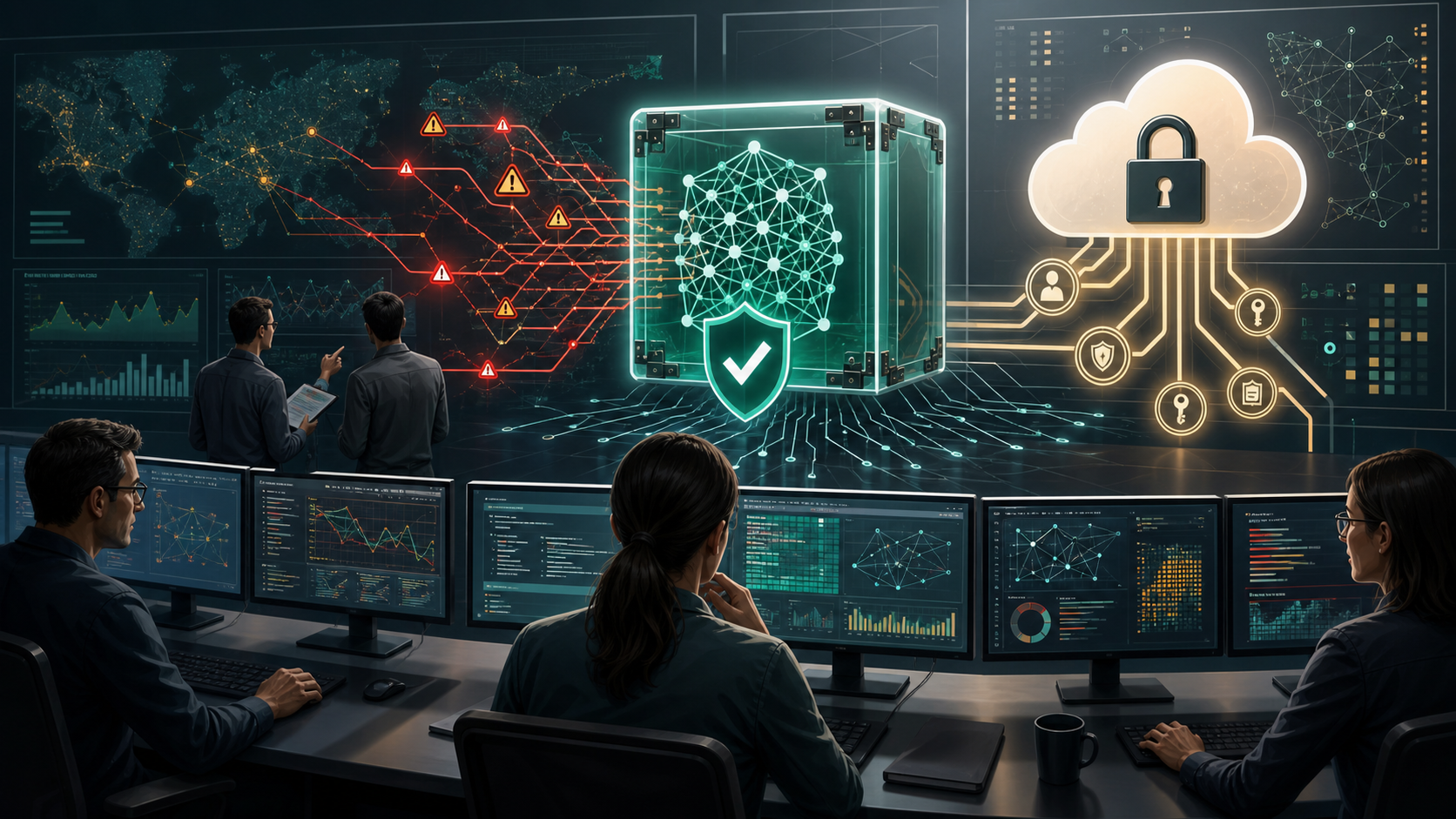 Editorial illustration of security teams evaluating open-weight AI cyber models and incident telemetry.