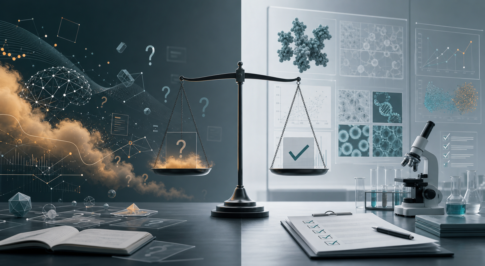 Editorial illustration contrasting AI promises with validated scientific evidence and review checklists.