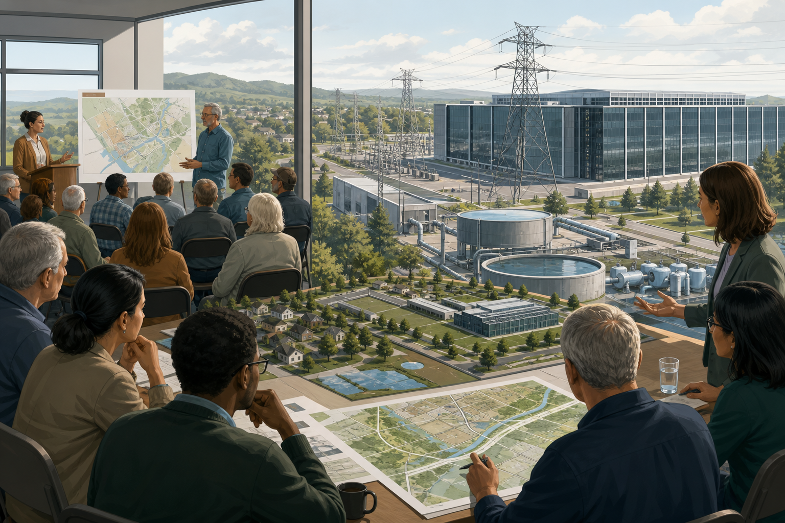 Editorial illustration of a town hall reviewing AI data center, grid, water, and community planning.