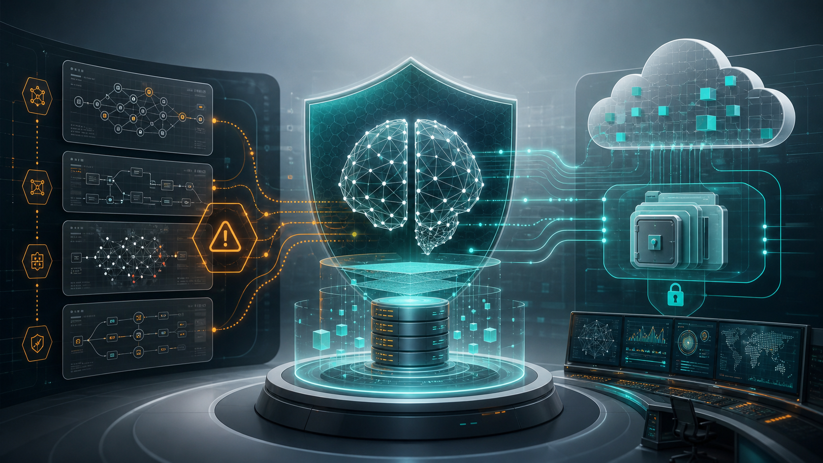 Editorial illustration of AI safety monitoring, privacy controls, encrypted data paths, and enterprise cloud governance.