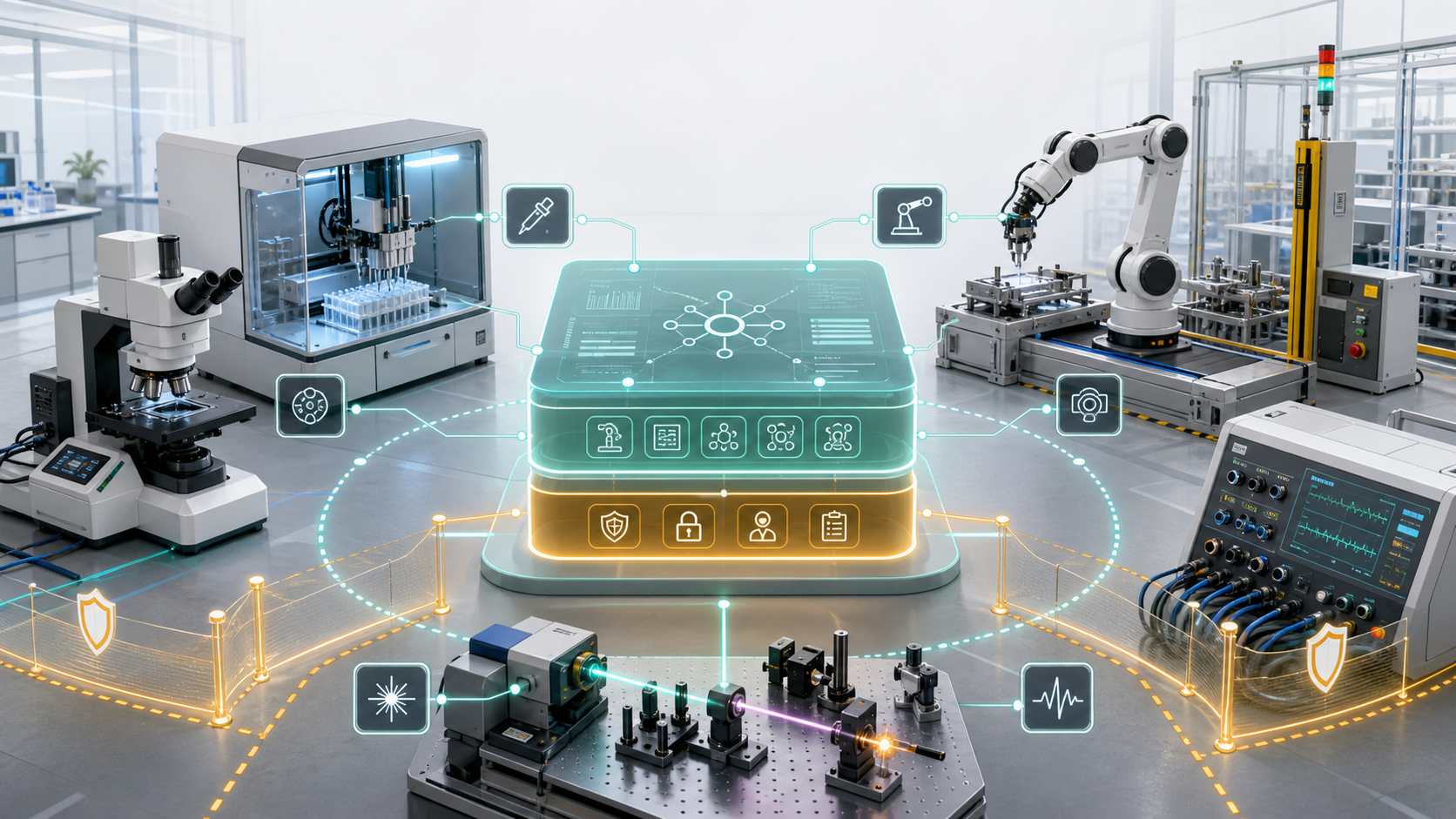 Editorial illustration of an AI agent control layer safely coordinating lab and manufacturing equipment.