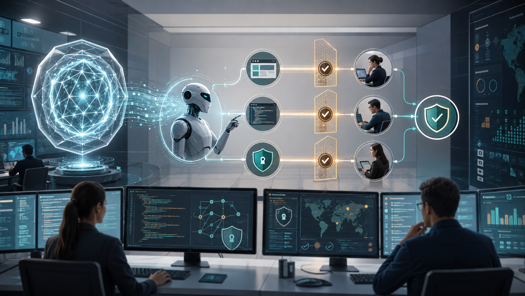 Editorial illustration of a frontier AI agent passing through monitoring, permission, and human review gates.