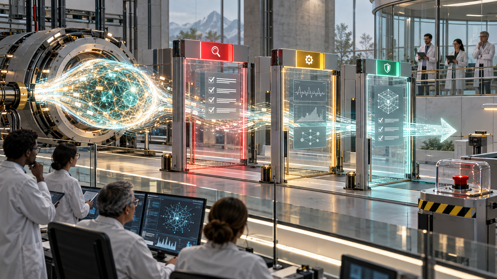 Editorial illustration of a frontier AI system passing through independent safety inspection gates.