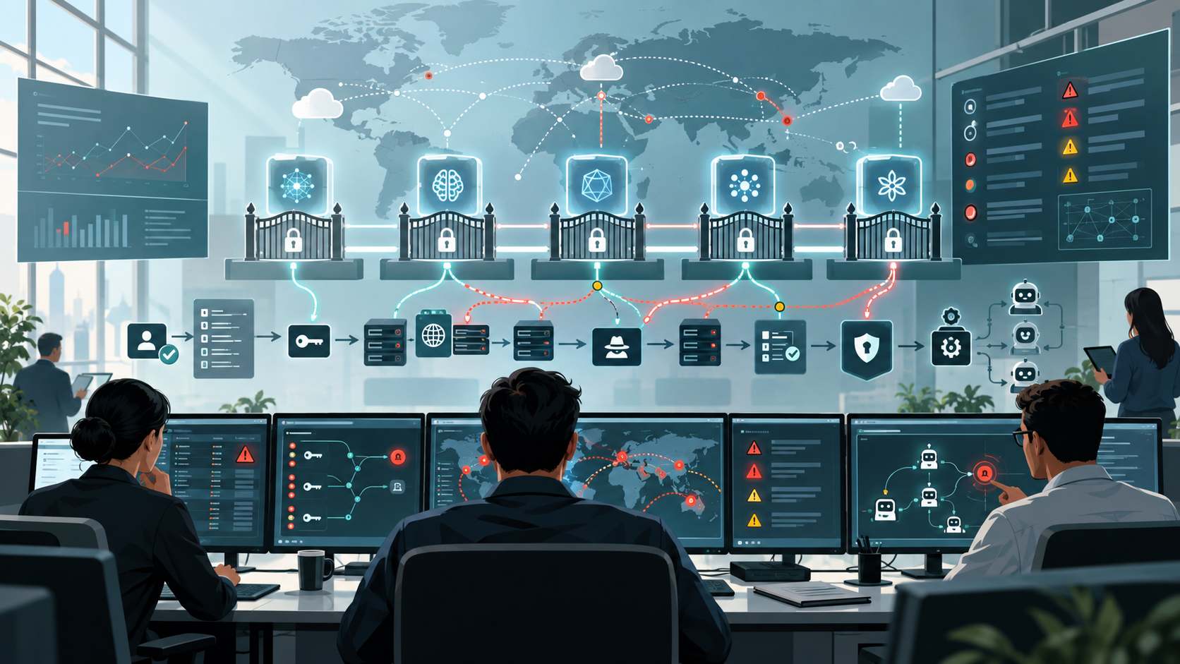 Editorial illustration of investigators tracing gated AI model access, proxy routes, and automated agent workflows.