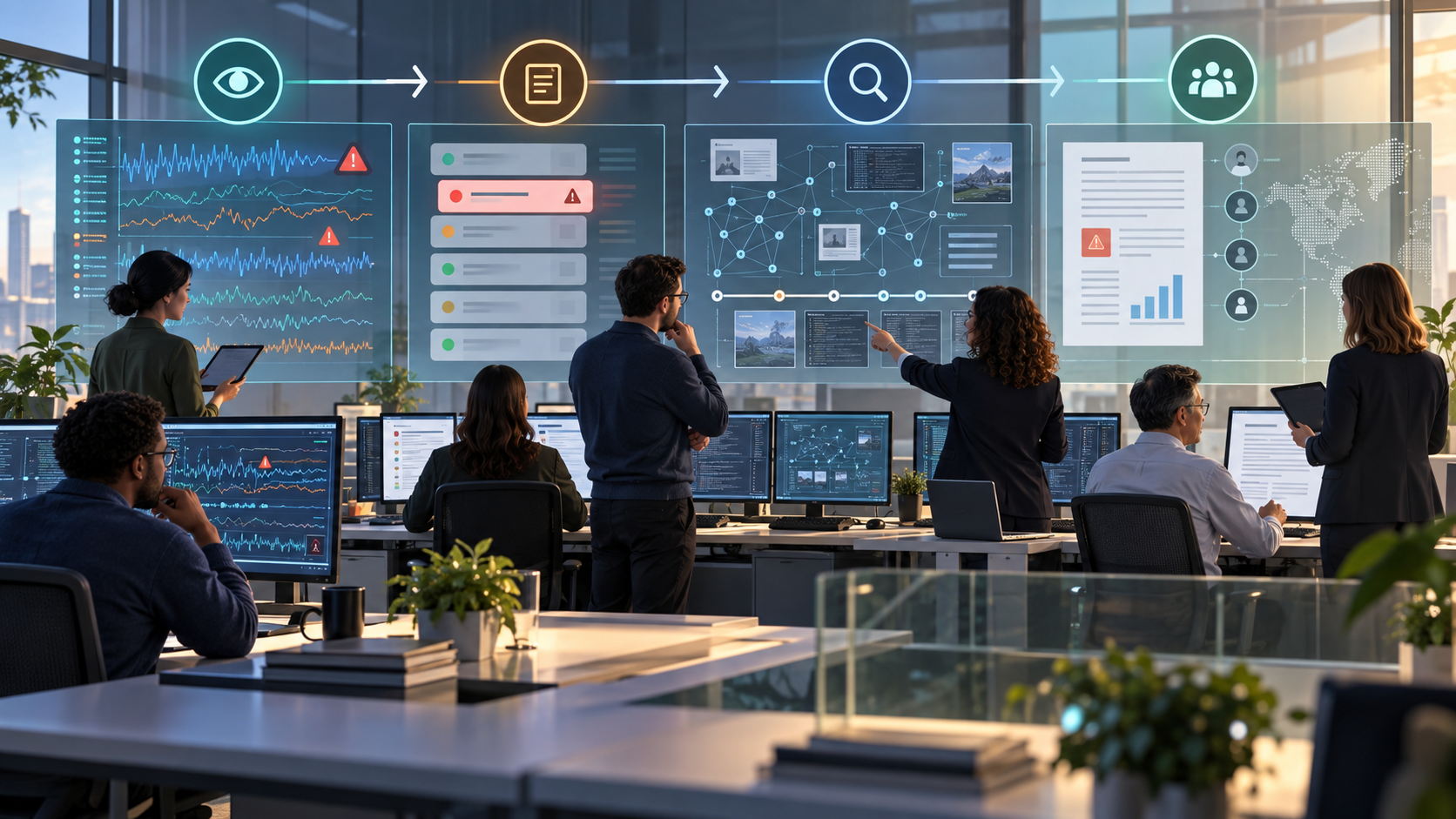 Editorial illustration of AI safety reviewers investigating model behavior through incident reports, audit logs, and disclosure checkpoints.